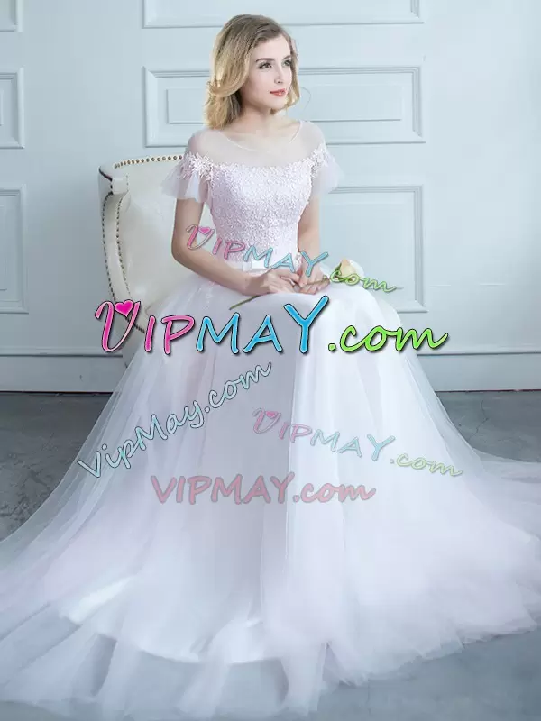 New Arrival White Bridesmaid Gown Prom and Party and Wedding Party with Lace and Belt Scoop Short Sleeves Sweep Train Lace Up