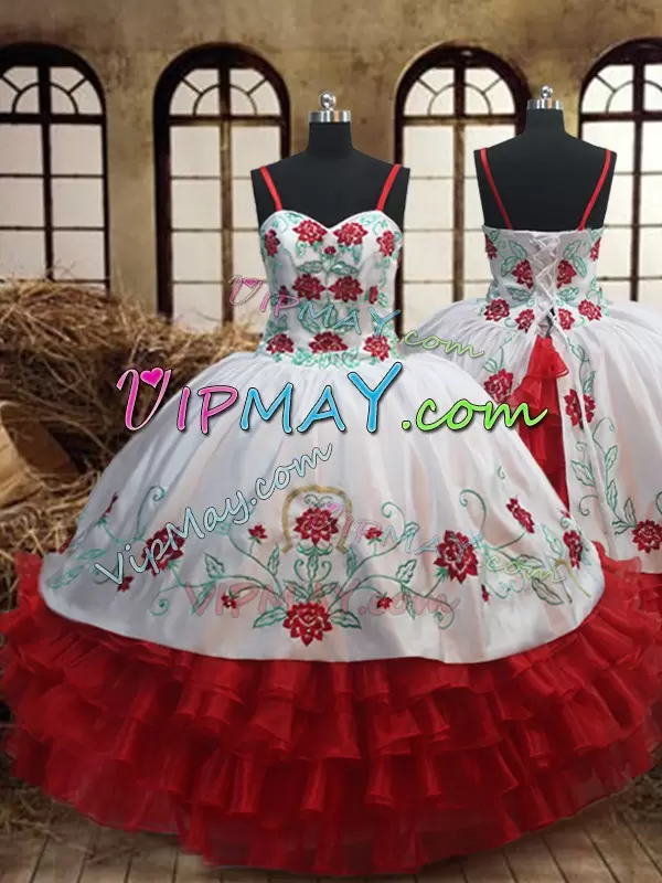 Admirable Organza Spaghetti Straps Sleeveless Lace Up Embroidery and Ruffled Layers Pageant Dress for Teens in White and Red