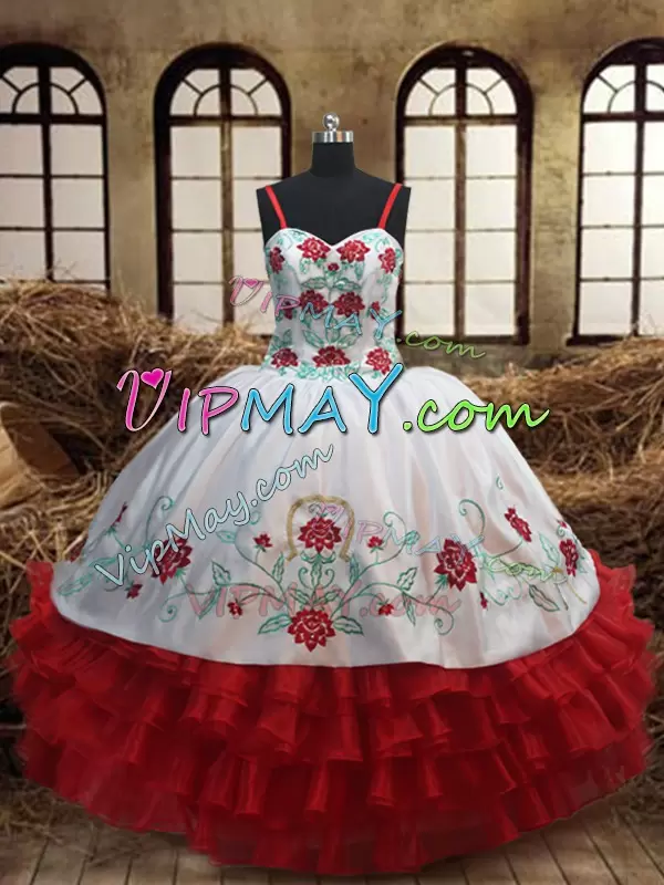 Admirable Organza Spaghetti Straps Sleeveless Lace Up Embroidery and Ruffled Layers Pageant Dress for Teens in White and Red