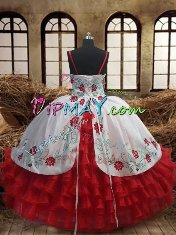 Admirable Organza Spaghetti Straps Sleeveless Lace Up Embroidery and Ruffled Layers Pageant Dress for Teens in White and Red