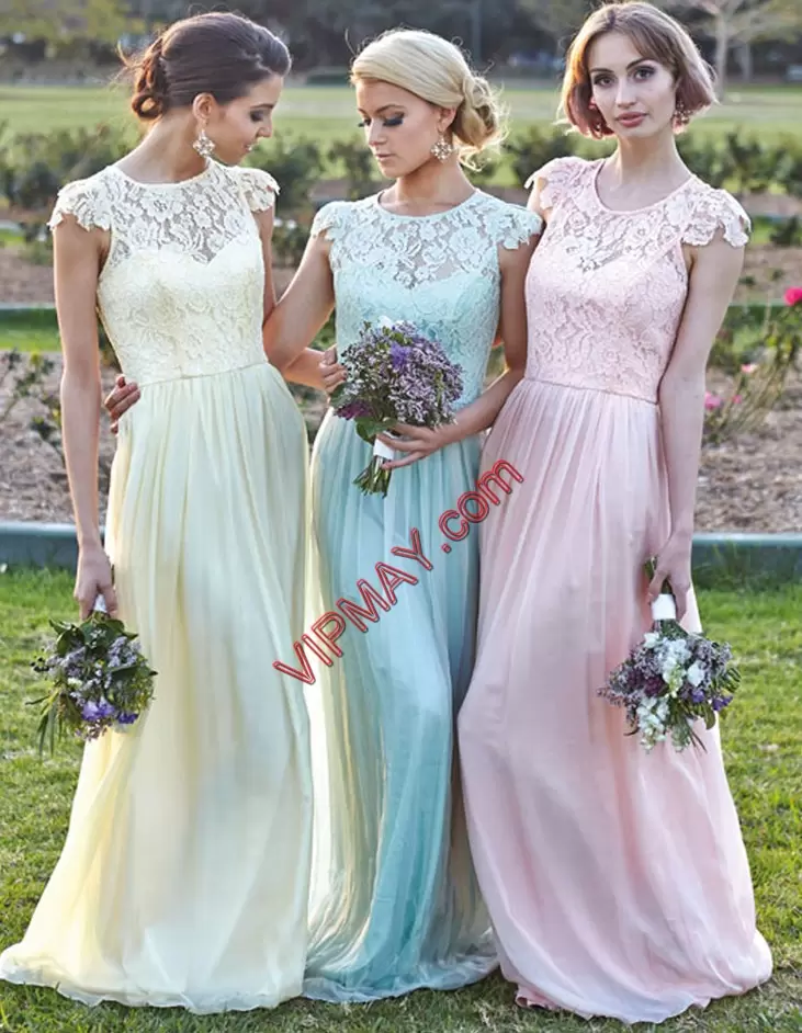 Unique Floor Length White and Pink and Blue Bridesmaid Dresses Scoop Cap Sleeves Zipper