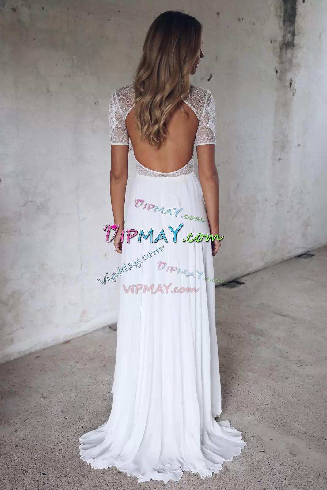 Fantastic White Short Sleeves Chiffon Backless Wedding Dresses for Party and Beach and Wedding Party