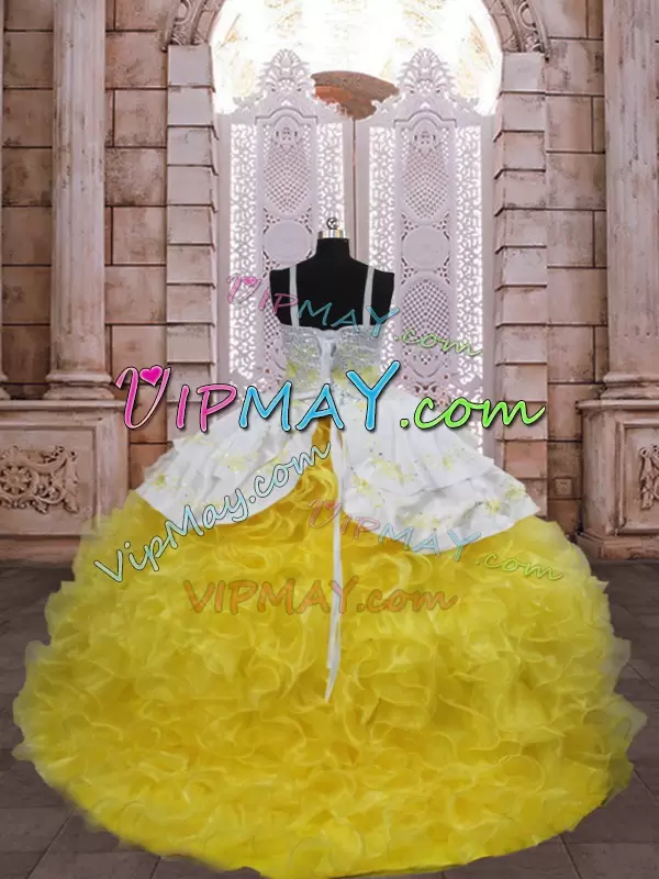 Organza Sleeveless Little Girls Pageant Gowns Brush Train and Embroidery and Ruffles