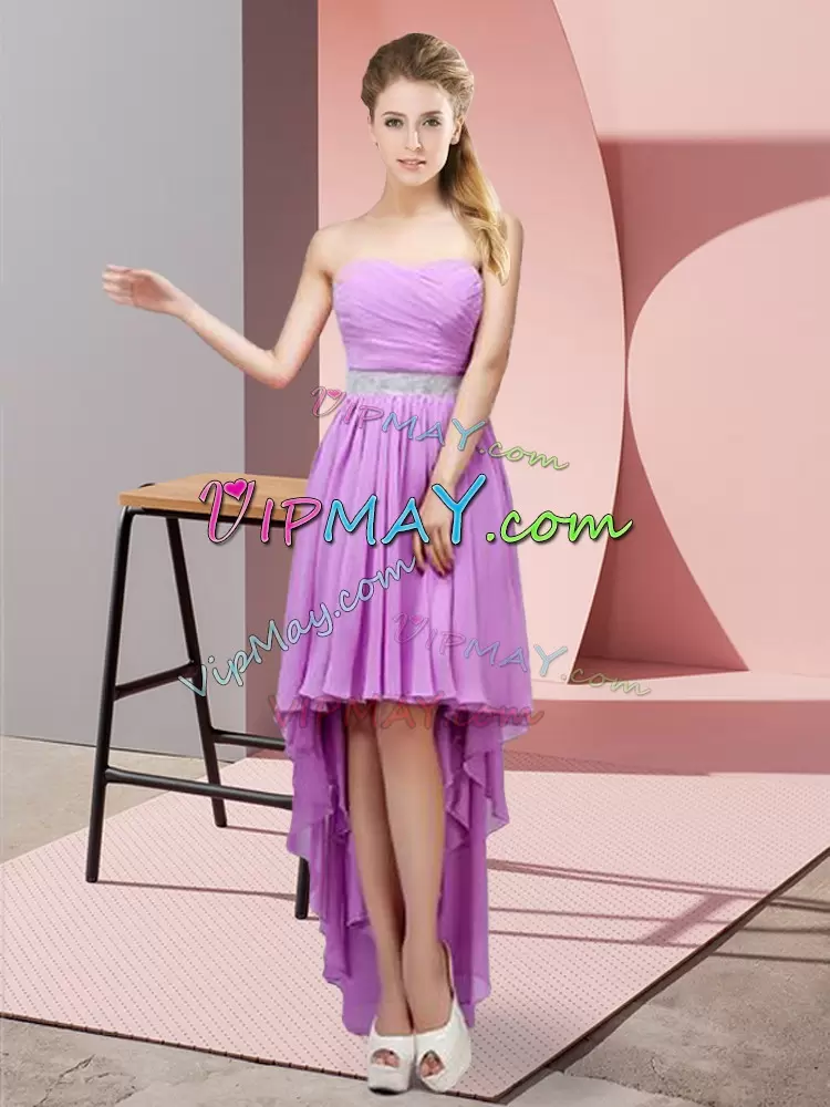 Edgy Lavender Lace Up Bridesmaid Dress Beading Sleeveless High Low