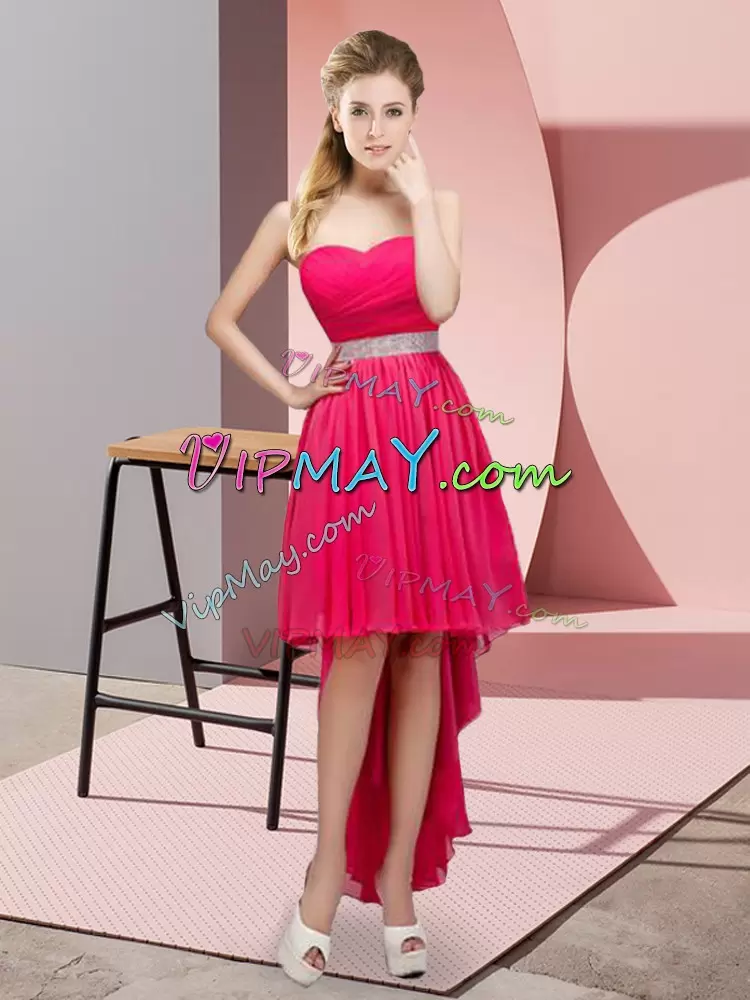 Customized Beading Wedding Party Dress Hot Pink Lace Up Sleeveless High Low
