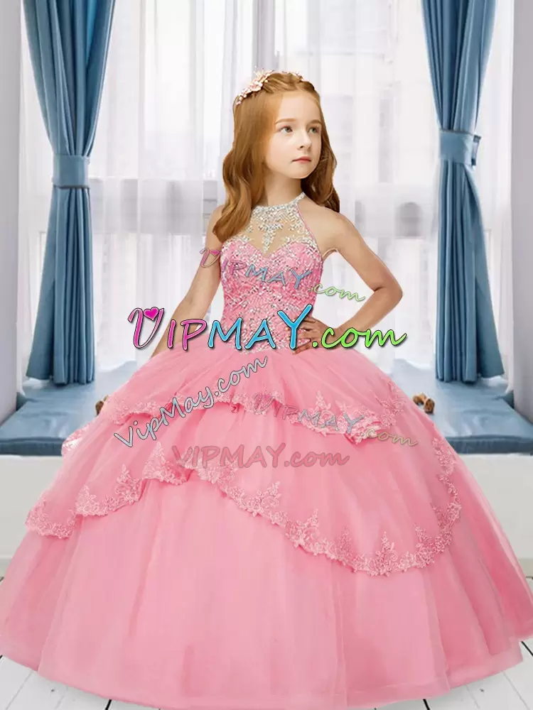 Beading and Ruffled Layers Kids Pageant Dress Pink Lace Up Sleeveless Floor Length