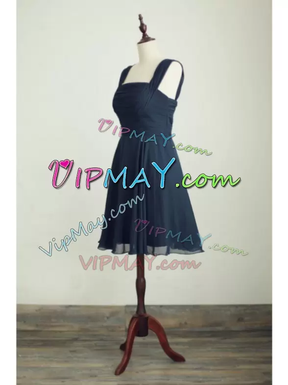 Navy Blue Empire Ruching and Pleated Bridesmaid Gown Lace Up Chiffon Sleeveless Knee Length