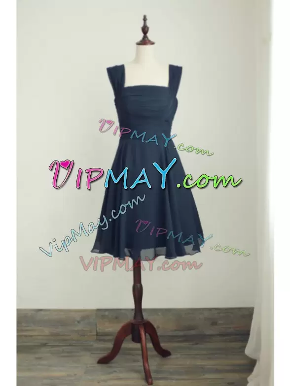 Navy Blue Empire Ruching and Pleated Bridesmaid Gown Lace Up Chiffon Sleeveless Knee Length