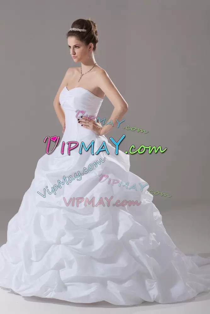 White Ball Gowns Pick Ups Wedding Gown Lace Up Taffeta Sleeveless