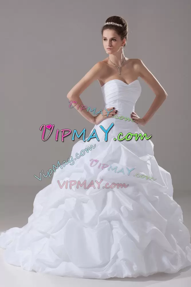 White Ball Gowns Pick Ups Wedding Gown Lace Up Taffeta Sleeveless