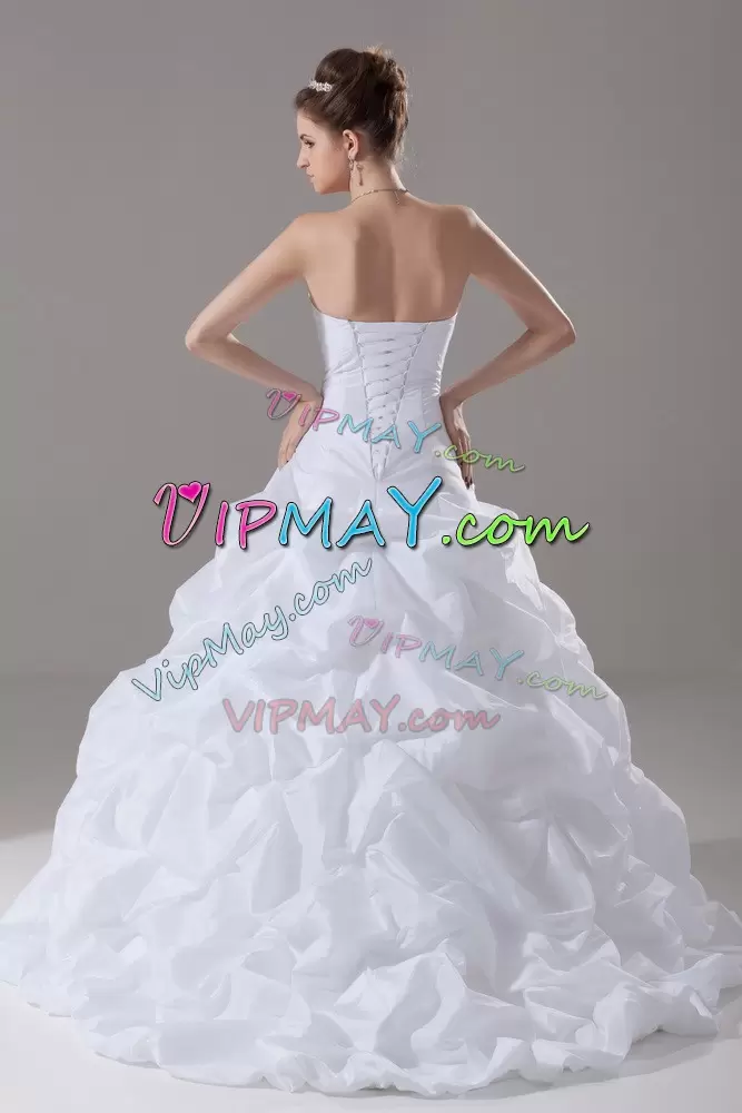 White Ball Gowns Pick Ups Wedding Gown Lace Up Taffeta Sleeveless