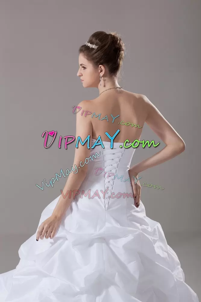 White Ball Gowns Pick Ups Wedding Gown Lace Up Taffeta Sleeveless