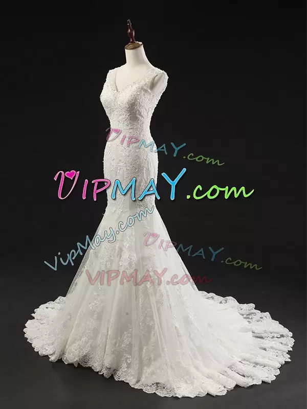 Artistic White V-neck Neckline Lace and Appliques Bridal Gown Sleeveless Clasp Handle