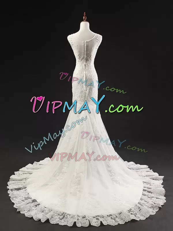 Artistic White V-neck Neckline Lace and Appliques Bridal Gown Sleeveless Clasp Handle