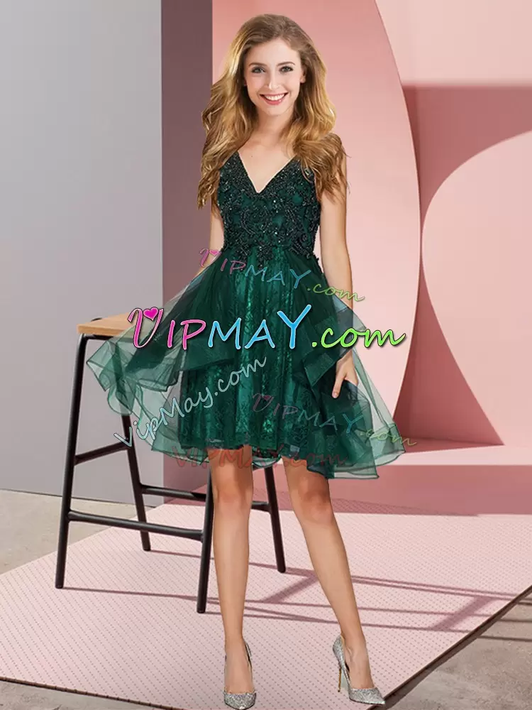 Noble Sleeveless Mini Length Appliques and Ruffles Backless Bridesmaid Dress with Dark Green
