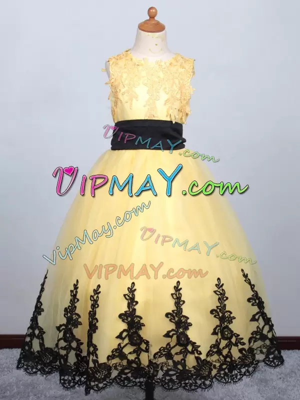 Scoop Sleeveless Lace Up Little Girl Pageant Dress Yellow Tulle Appliques