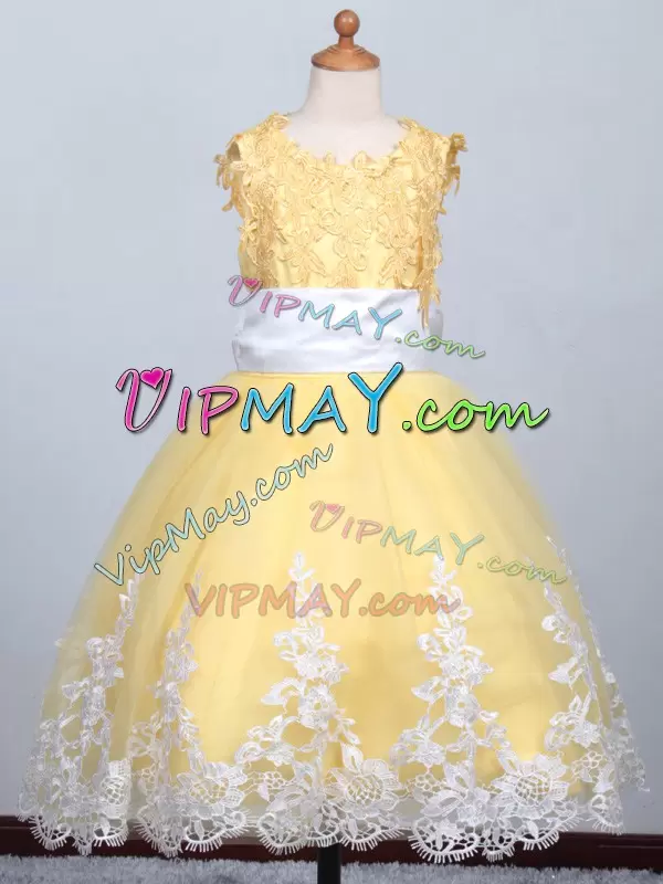 Scoop Sleeveless Lace Up Little Girl Pageant Dress Yellow Tulle Appliques