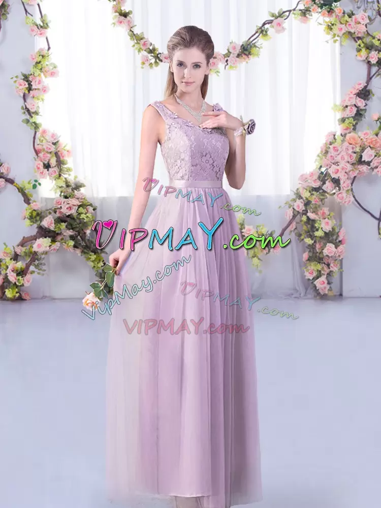 Deluxe Lavender Tulle Side Zipper V-neck Sleeveless Floor Length Bridesmaid Dresses Lace and Belt