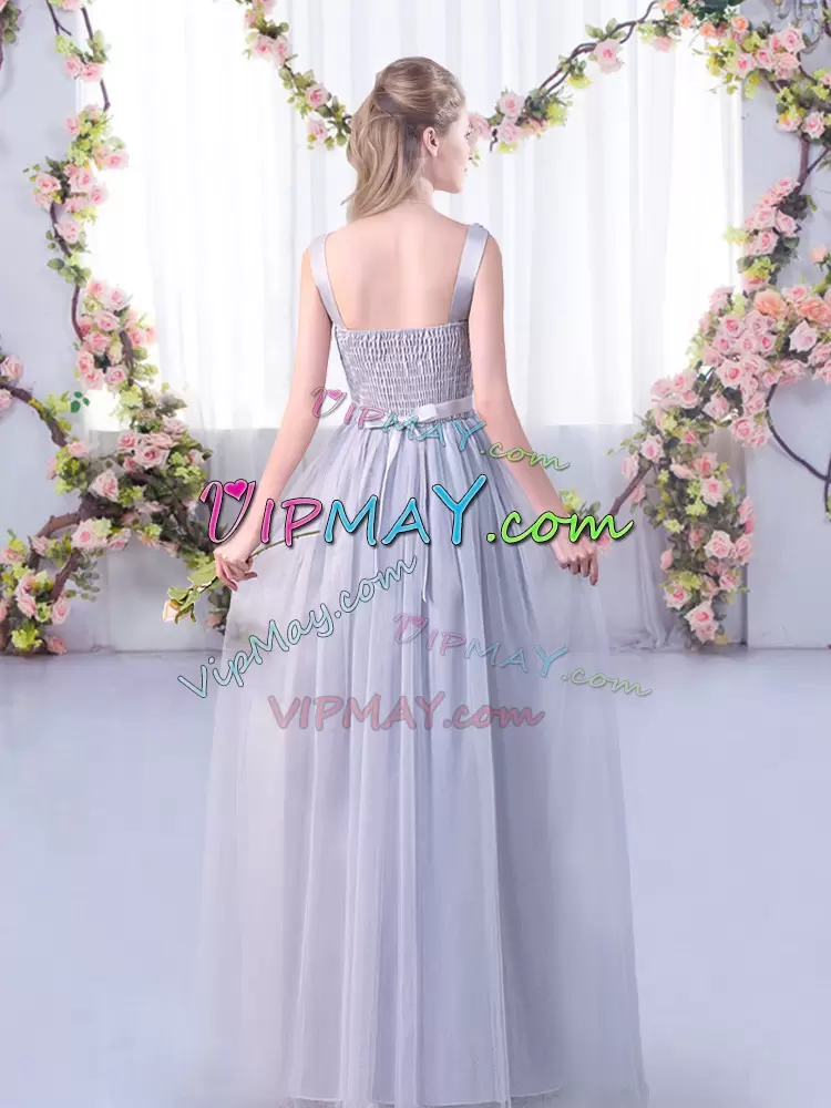 Deluxe Lavender Tulle Side Zipper V-neck Sleeveless Floor Length Bridesmaid Dresses Lace and Belt