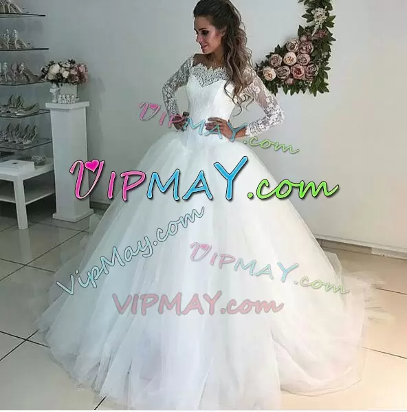 Cheap Scalloped Long Sleeves Wedding Gowns Sweep Train Ruching White Tulle