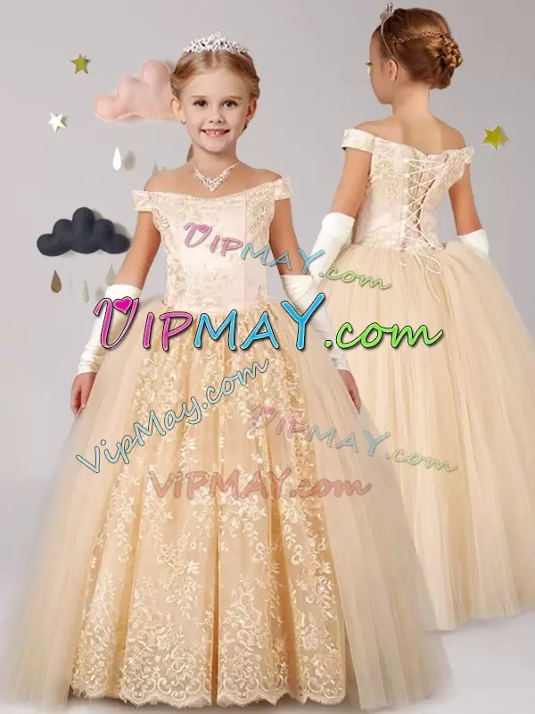 Cap Sleeves Off The Shoulder Lace Up Floor Length Lace Flower Girl Dress Off The Shoulder