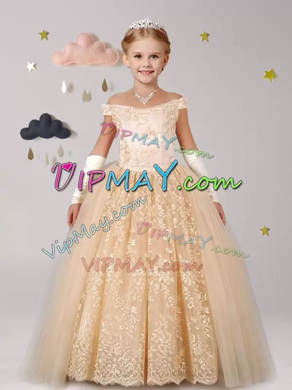 Cap Sleeves Off The Shoulder Lace Up Floor Length Lace Flower Girl Dress Off The Shoulder