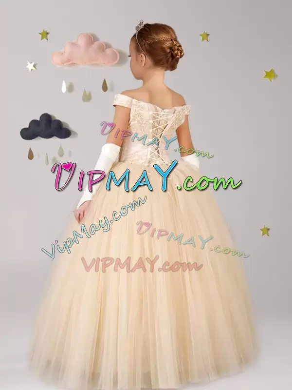 Cap Sleeves Off The Shoulder Lace Up Floor Length Lace Flower Girl Dress Off The Shoulder