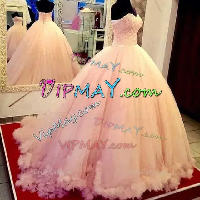 Super Tulle Sweetheart Sleeveless Brush Train Lace Up Hand Made Flower Wedding Dresses in White