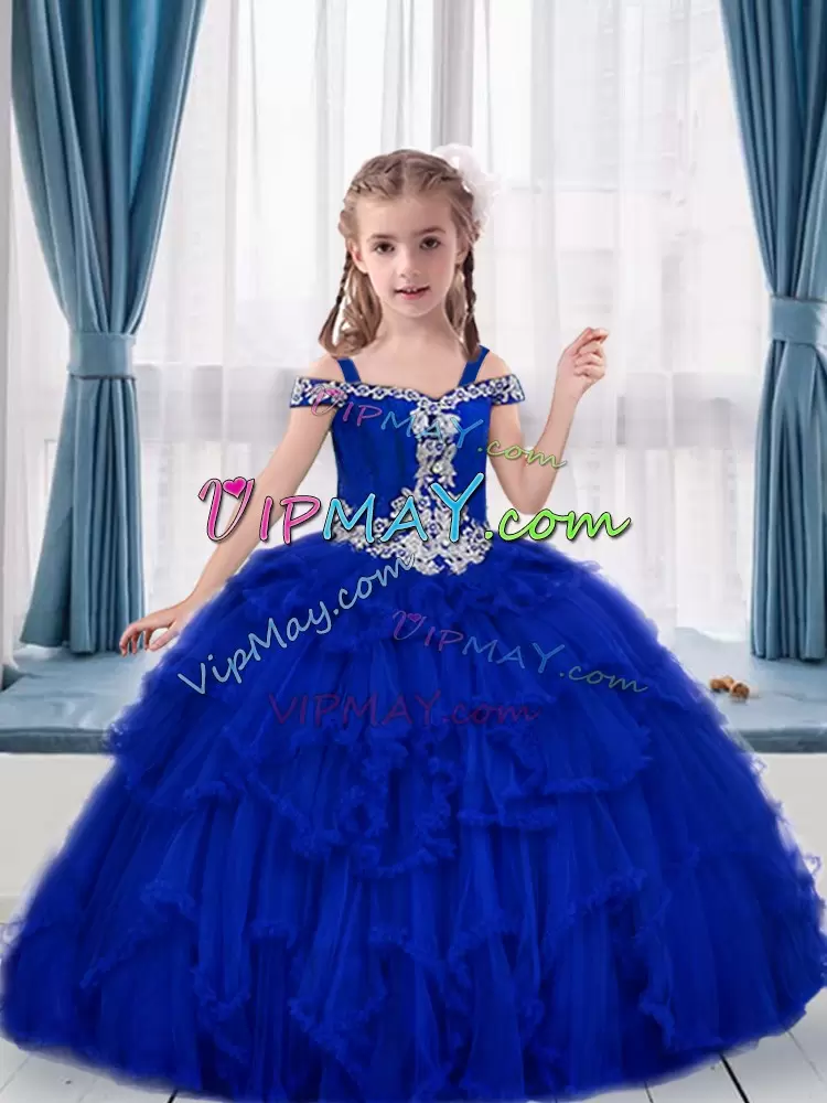 Elegant Straps Lace Up Pageant Dress Wholesale Royal Blue Beading