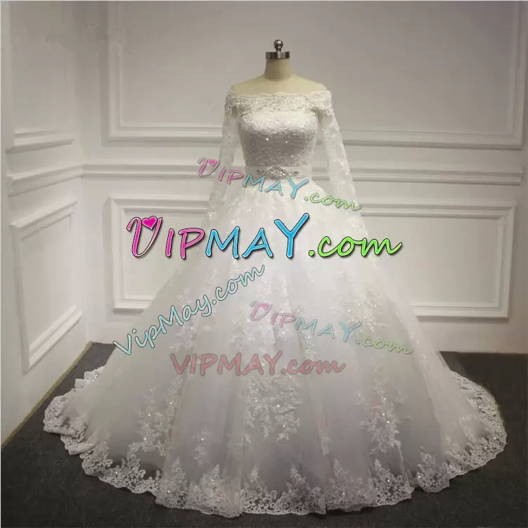 Pretty Lace Up Wedding Gown White for Wedding Party with Beading and Appliques and Belt Court Train