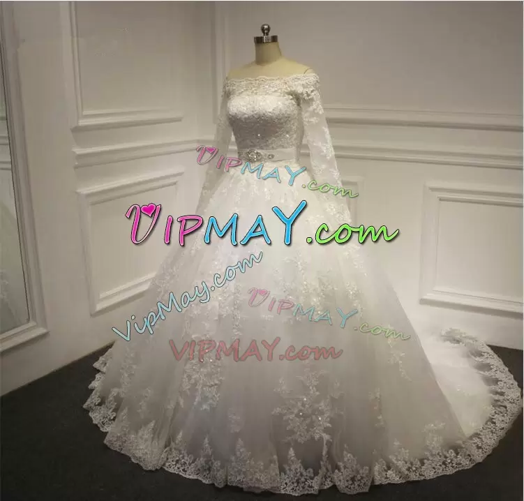 Pretty Lace Up Wedding Gown White for Wedding Party with Beading and Appliques and Belt Court Train