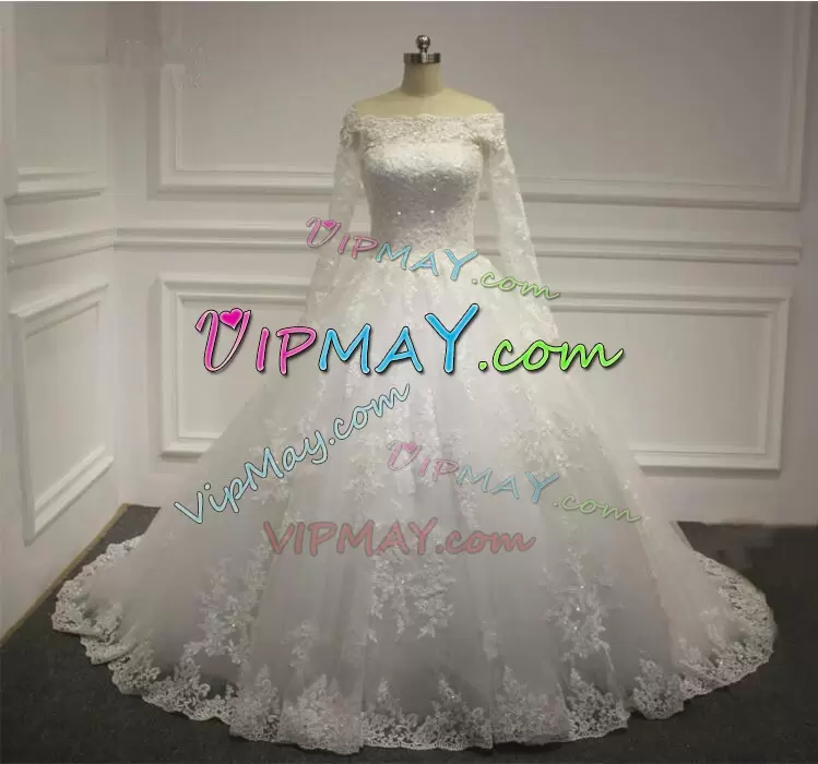 Pretty Lace Up Wedding Gown White for Wedding Party with Beading and Appliques and Belt Court Train