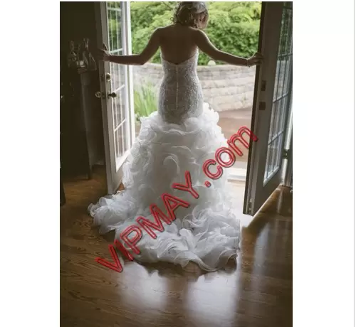 Sleeveless Organza With Brush Train Clasp Handle Wedding Dresses in White with Beading and Ruffles