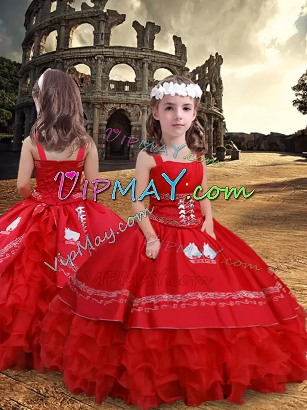Sleeveless Straps Zipper Floor Length Embroidery and Ruffled Layers Little Girl Pageant Gowns Straps