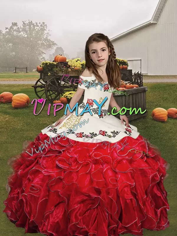 Inexpensive Red Sleeveless Floor Length Embroidery and Ruffles Lace Up Pageant Dress for Girls Straps