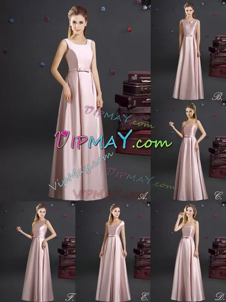 High Class Empire Bridesmaid Dresses Pink Off The Shoulder Elastic Woven Satin Cap Sleeves Floor Length Zipper