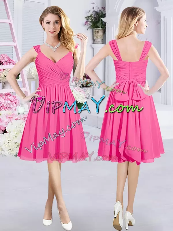 Artistic Hot Pink Zipper Wedding Guest Dresses Lace and Ruching and Belt Sleeveless Knee Length