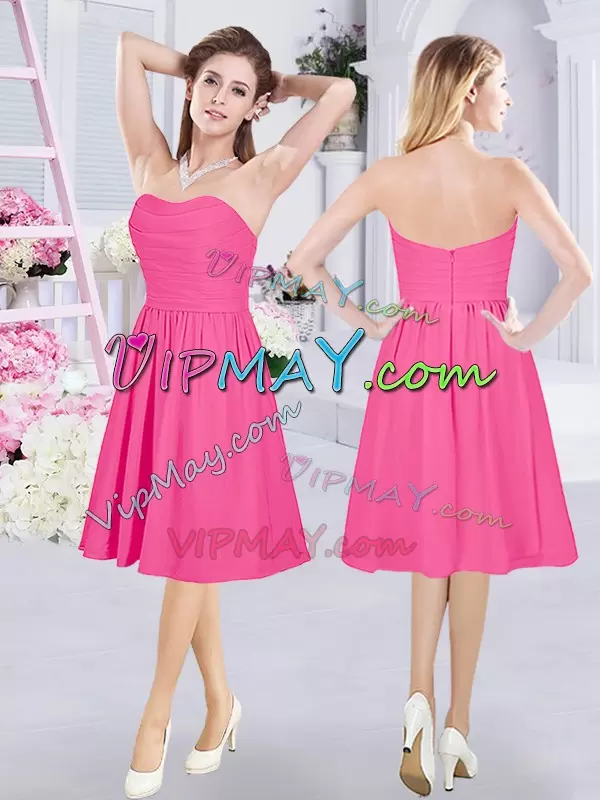 Artistic Hot Pink Zipper Wedding Guest Dresses Lace and Ruching and Belt Sleeveless Knee Length