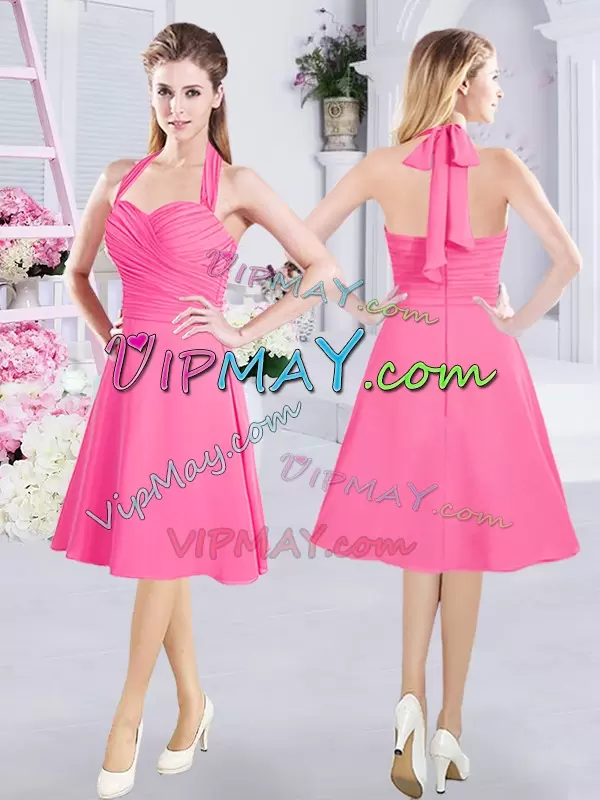 Artistic Hot Pink Zipper Wedding Guest Dresses Lace and Ruching and Belt Sleeveless Knee Length