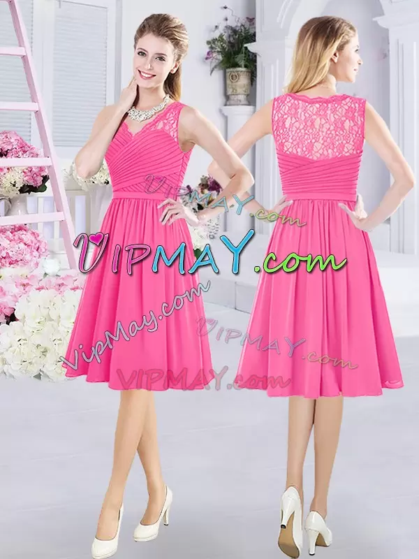 Artistic Hot Pink Zipper Wedding Guest Dresses Lace and Ruching and Belt Sleeveless Knee Length