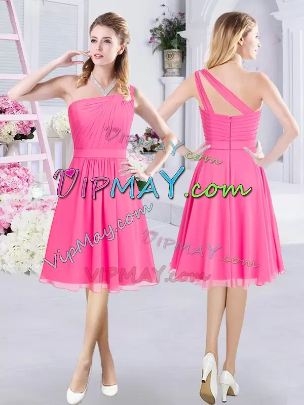 Artistic Hot Pink Zipper Wedding Guest Dresses Lace and Ruching and Belt Sleeveless Knee Length