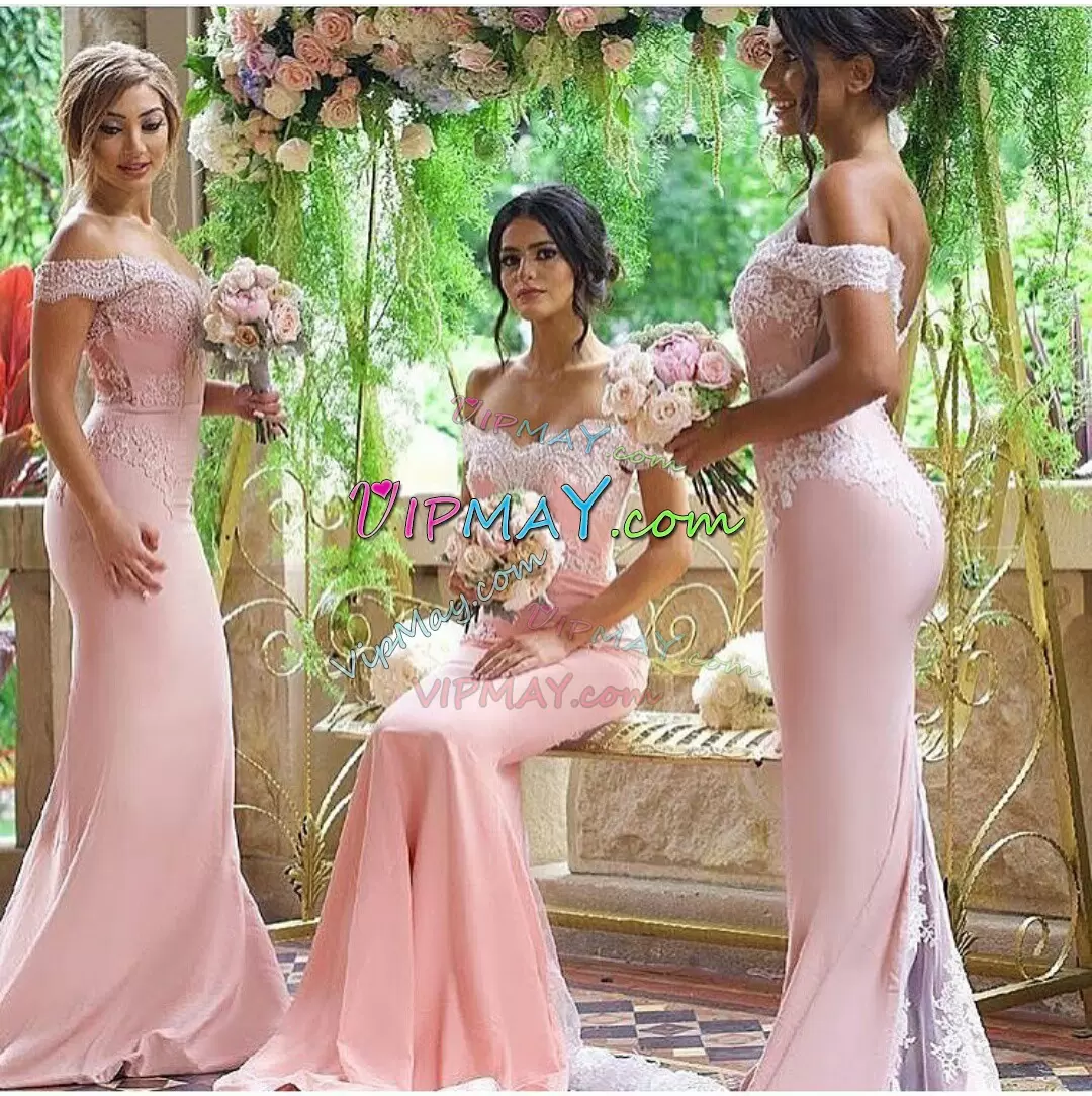 Popular Pink Off The Shoulder Lace Bridesmaid Dress Sweep Train Sleeveless