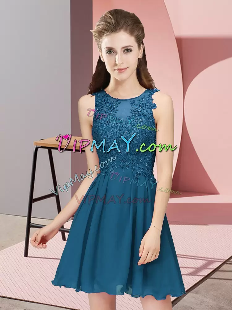 Teal Chiffon Zipper Vestidos de Damas Sleeveless Mini Length Appliques