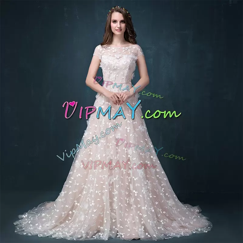 Custom Designed Off The Shoulder Short Sleeves Tulle Wedding Dress Hand Made Flower Court Train Lace Up