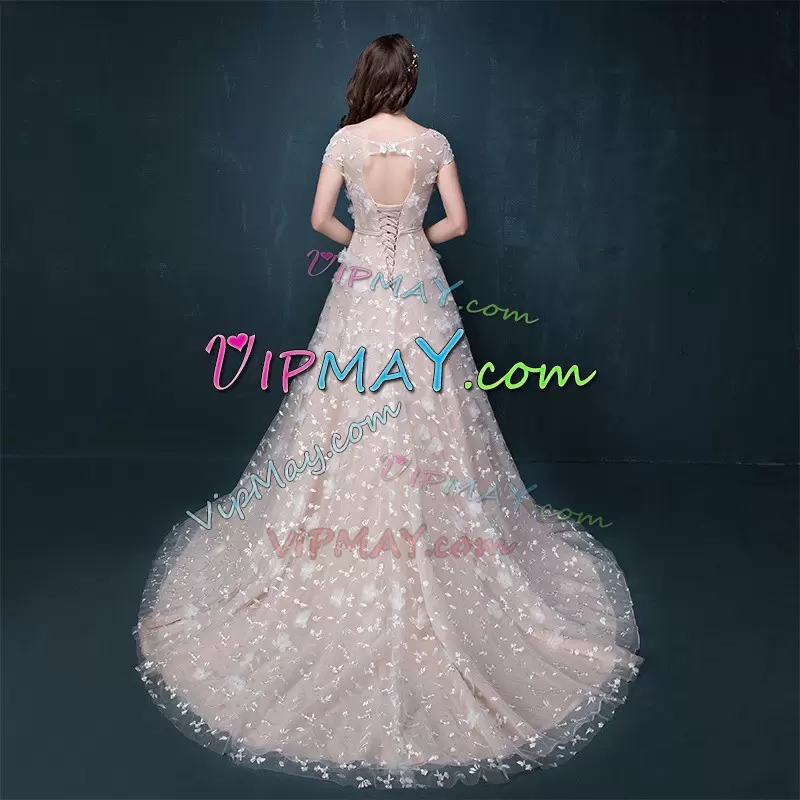 Custom Designed Off The Shoulder Short Sleeves Tulle Wedding Dress Hand Made Flower Court Train Lace Up