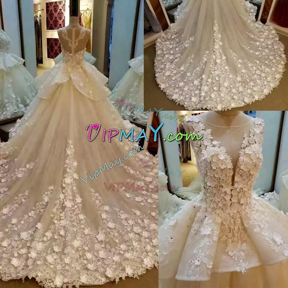 Sumptuous Sleeveless Scoop Chapel Train Hand Made Flower Zipper Wedding Dresses