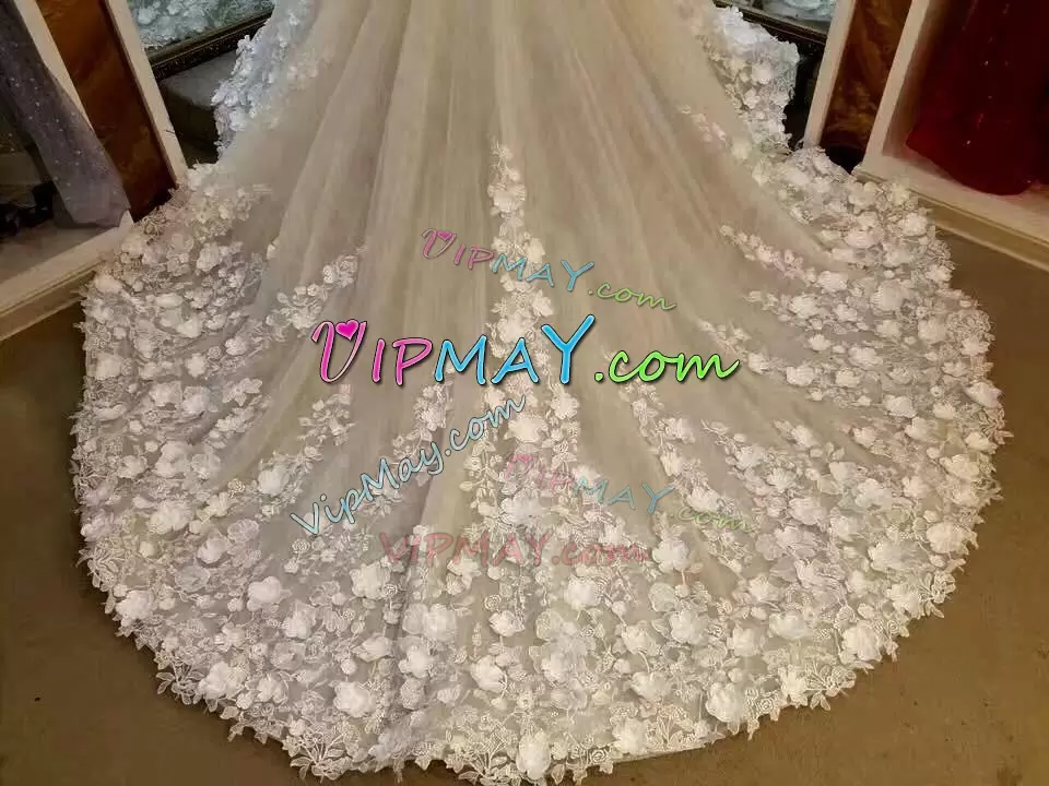 Sumptuous Sleeveless Scoop Chapel Train Hand Made Flower Zipper Wedding Dresses