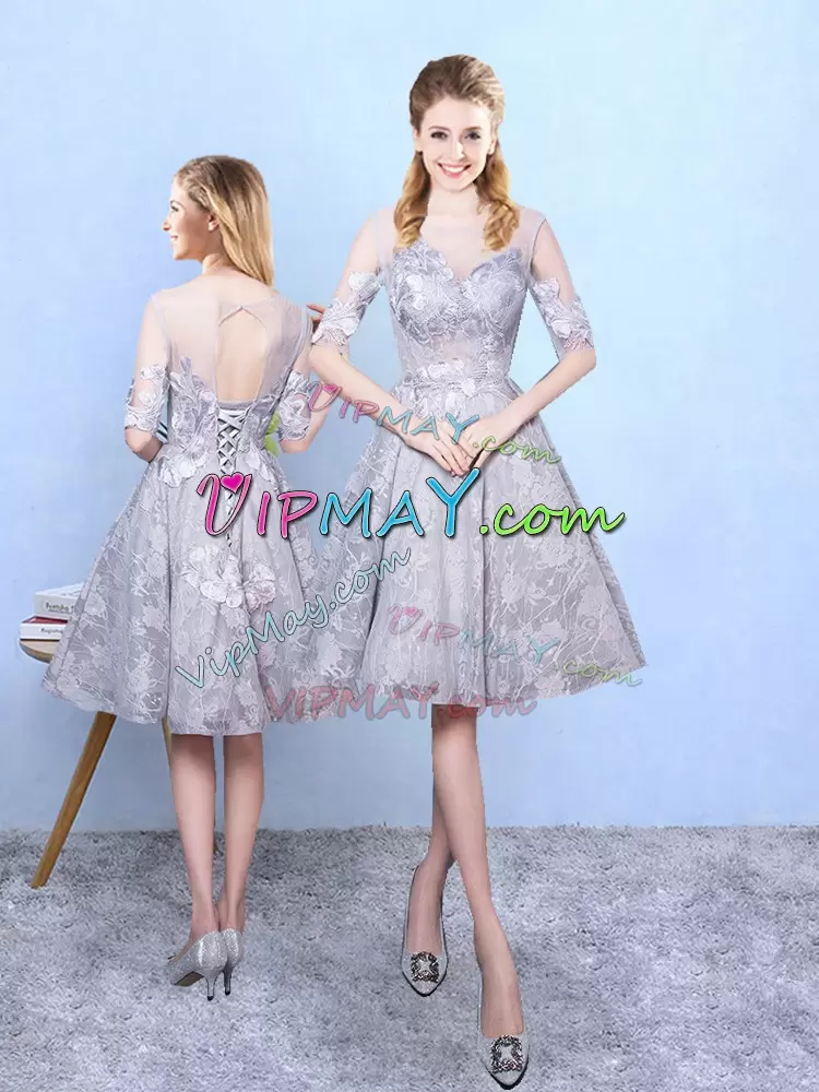 Grey A-line Printed Scoop Half Sleeves Appliques Knee Length Lace Up Wedding Party Dress