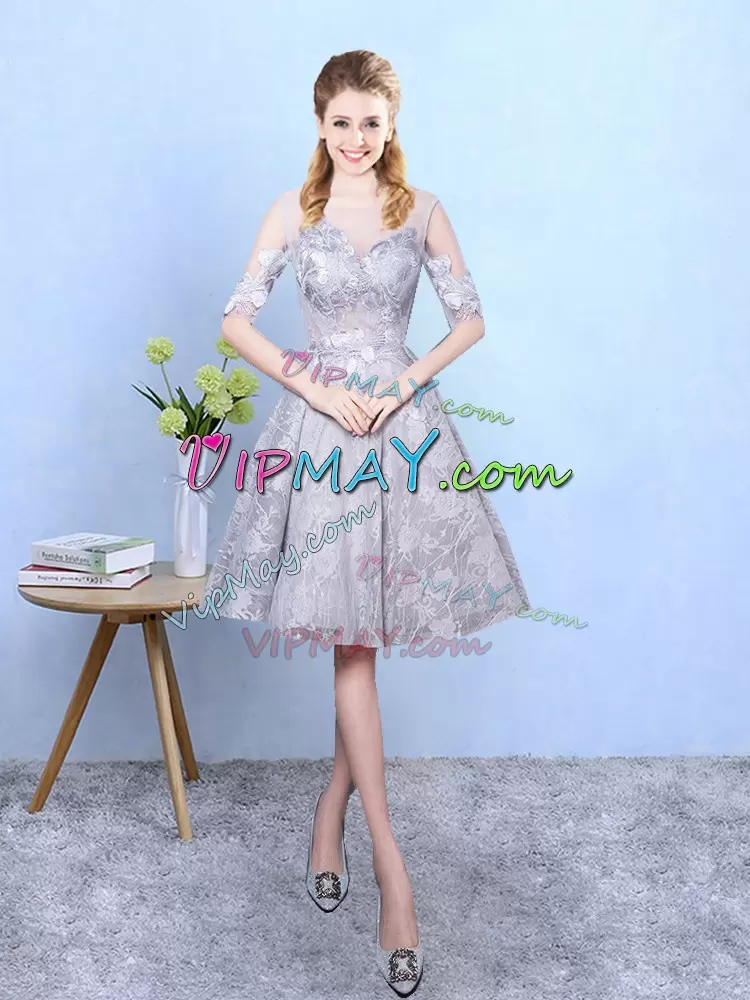 Grey A-line Printed Scoop Half Sleeves Appliques Knee Length Lace Up Wedding Party Dress