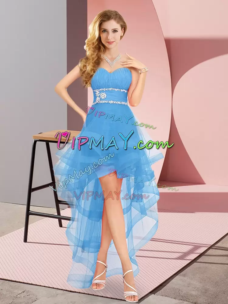 Most Popular A-line Wedding Party Dress Baby Blue Sweetheart Tulle Sleeveless High Low Lace Up